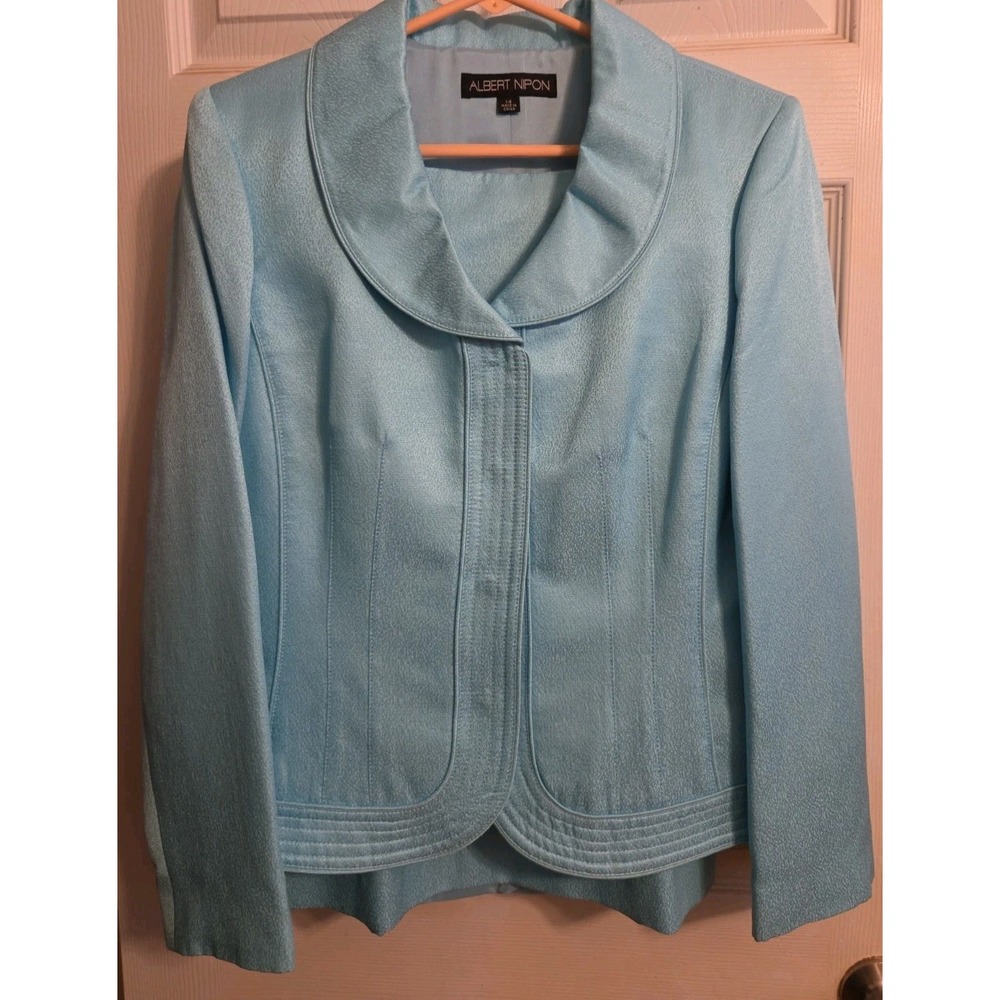 light blue Albert Nipon career Suit Size 14 rounded shawl collar textured fabric